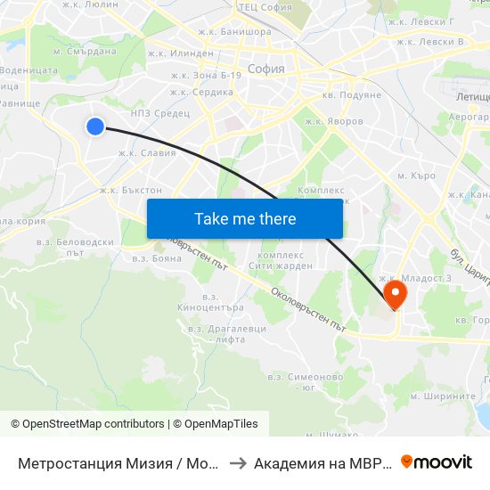 Метростанция Мизия / Moesia Metro Station (6089) to Академия на МВР | Police Academy map