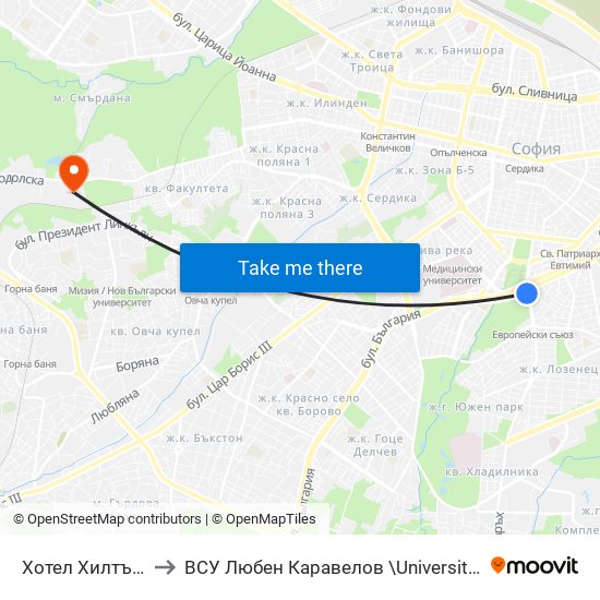 Хотел Хилтън / Hilton Hotel (0397) to ВСУ  Любен Каравелов \University Of Structure and Architecture - VSU Lyuben Karavel map