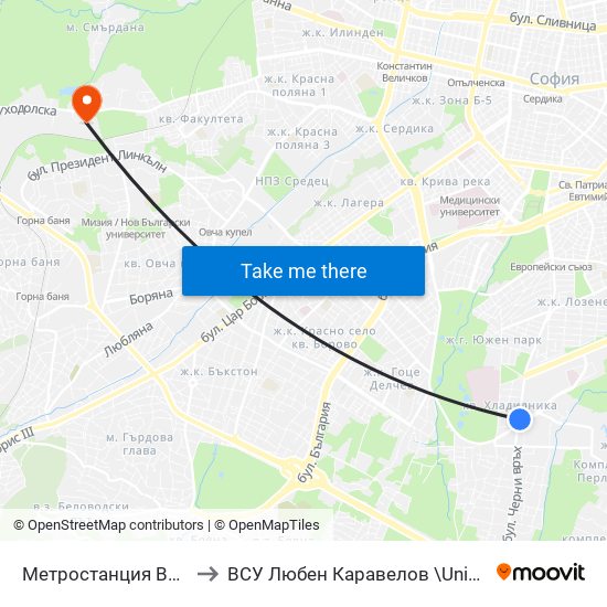 Метростанция Витоша / Vitosha Metro Station (2654) to ВСУ  Любен Каравелов \University Of Structure and Architecture - VSU Lyuben Karavel map