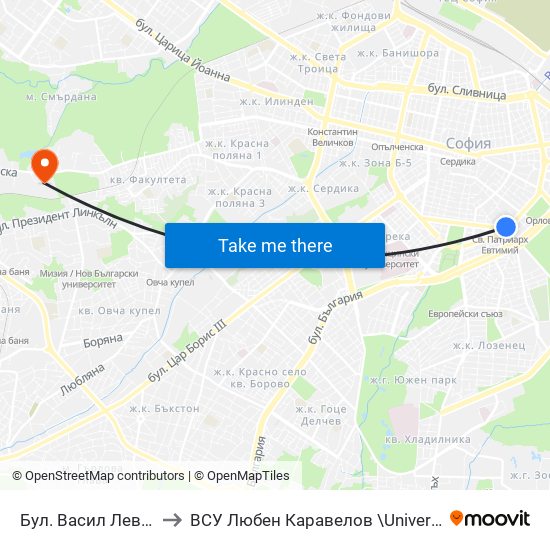 Бул. Васил Левски / Vasil Levski Blvd. (0299) to ВСУ  Любен Каравелов \University Of Structure and Architecture - VSU Lyuben Karavel map