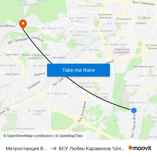 Метростанция Витоша / Vitosha Metro Station (2756) to ВСУ  Любен Каравелов \University Of Structure and Architecture - VSU Lyuben Karavel map