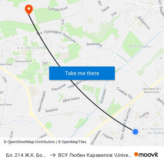 Бл. 214 Ж.К. Борово / Bl. 214, Borovo Qr. (0164) to ВСУ  Любен Каравелов \University Of Structure and Architecture - VSU Lyuben Karavel map
