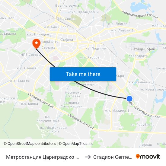 Метростанция Цариградско Шосе / Tsarigradsko Shosse Metro Station (1016) to Стадион  Септември  (Septemvri Stadium) map