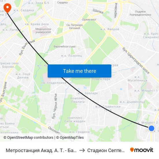 Метростанция Акад. А. Т. - Балан / Acad. A. T.-Balan Metro Station (1917) to Стадион  Септември  (Septemvri Stadium) map