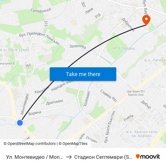 Ул. Монтевидео / Montevideo St. (2050) to Стадион  Септември  (Septemvri Stadium) map