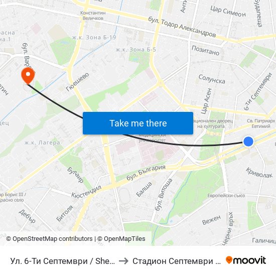 Ул. 6-Ти Септември / Shesti Septemvri St. (1808) to Стадион  Септември  (Septemvri Stadium) map
