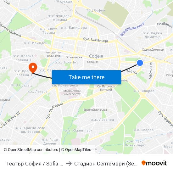 Театър София / Sofia Theatre (1727) to Стадион  Септември  (Septemvri Stadium) map