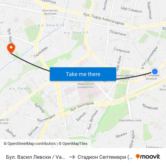 Бул. Васил Левски / Vasil Levski Blvd. (0299) to Стадион  Септември  (Septemvri Stadium) map