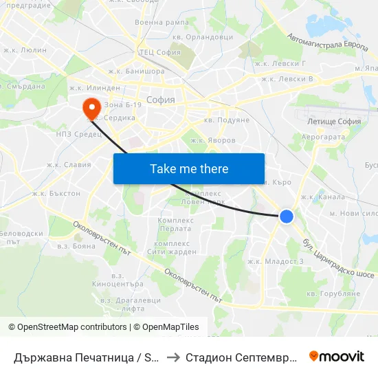 Държавна Печатница / State Printing House (0555) to Стадион  Септември  (Septemvri Stadium) map