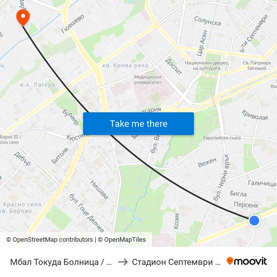 Мбал Токуда Болница / Tokuda Hospital (0206) to Стадион  Септември  (Septemvri Stadium) map