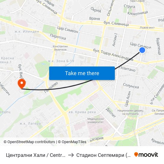 Централни Хали / Central Market Hall (2337) to Стадион  Септември  (Septemvri Stadium) map