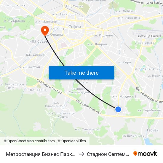 Метростанция Бизнес Парк / Business Park Metro Station (2490) to Стадион  Септември  (Septemvri Stadium) map