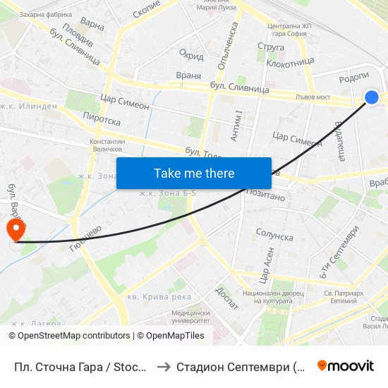 Пл. Сточна Гара / Stochna Gara Sq. (1311) to Стадион  Септември  (Septemvri Stadium) map