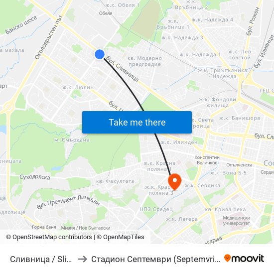 Сливница / Slivnitsa to Стадион  Септември  (Septemvri Stadium) map