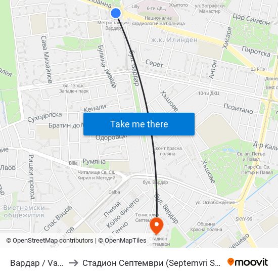 Вардар / Vardar to Стадион  Септември  (Septemvri Stadium) map