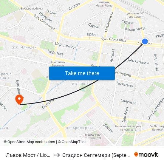 Лъвов Мост / Lions' Bridge to Стадион  Септември  (Septemvri Stadium) map