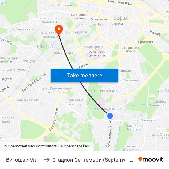 Витоша / Vitosha to Стадион  Септември  (Septemvri Stadium) map