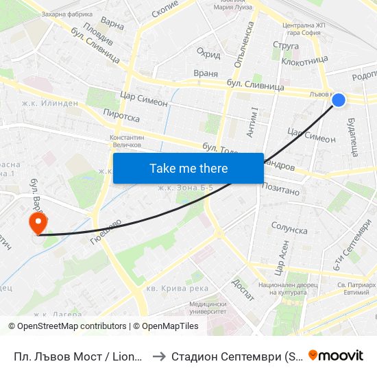 Пл. Лъвов Мост / Lions' Bridge Sq. (1278) to Стадион  Септември  (Septemvri Stadium) map