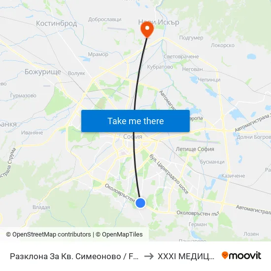 Разклона За Кв. Симеоново / Fork Road To Simeonovo Qr. (1458) to XXXI МЕДИЦИНСКИ ЦЕНТЪР map