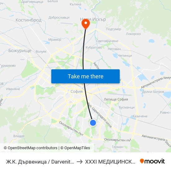 Ж.К. Дървеница / Darvenitsa Qr. (1015) to XXXI МЕДИЦИНСКИ ЦЕНТЪР map