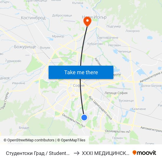 Студентски Град / Students' Town (2382) to XXXI МЕДИЦИНСКИ ЦЕНТЪР map