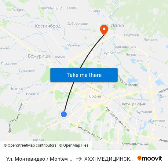 Ул. Монтевидео / Montevideo St. (2050) to XXXI МЕДИЦИНСКИ ЦЕНТЪР map