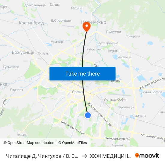📚 Читалище Д. Чинтулов / D. Chintulov Library (2365) to XXXI МЕДИЦИНСКИ ЦЕНТЪР map