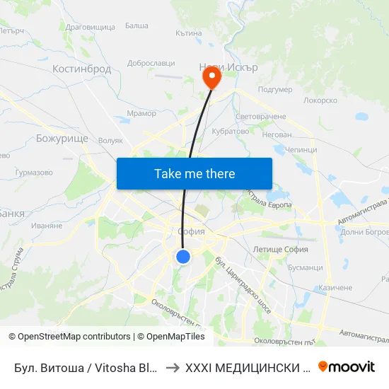Бул. Витоша / Vitosha Blvd. (0302) to XXXI МЕДИЦИНСКИ ЦЕНТЪР map