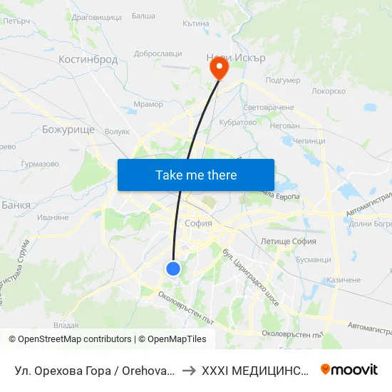 Ул. Орехова Гора / Orehova Gora St. (2089) to XXXI МЕДИЦИНСКИ ЦЕНТЪР map