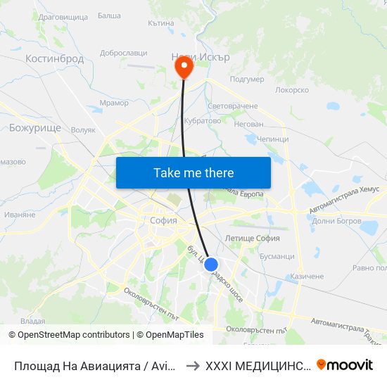 Площад На Авиацията / Aviation Square (1258) to XXXI МЕДИЦИНСКИ ЦЕНТЪР map