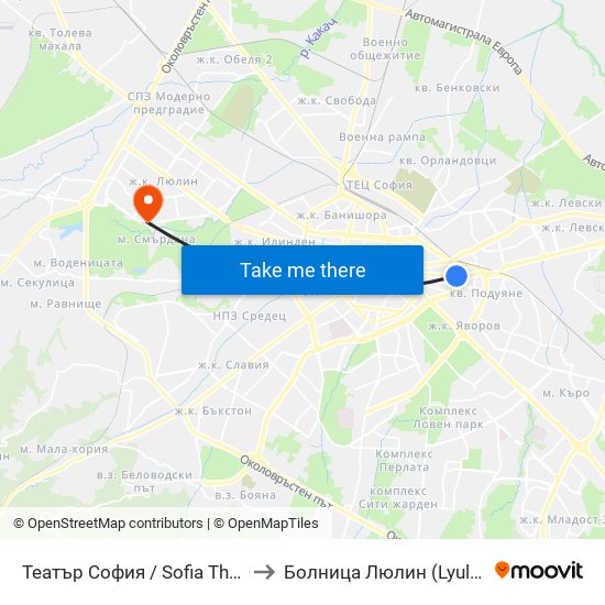 Театър София / Sofia Theatre (1727) to Болница  Люлин  (Lyulin Hospital) map