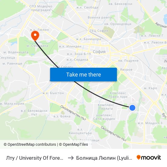 Лту / University Of Forestry (0617) to Болница  Люлин  (Lyulin Hospital) map
