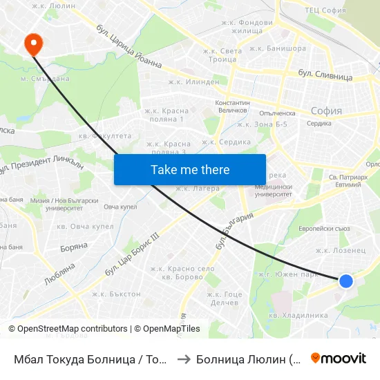 Мбал Токуда Болница / Tokuda Hospital (0206) to Болница  Люлин  (Lyulin Hospital) map