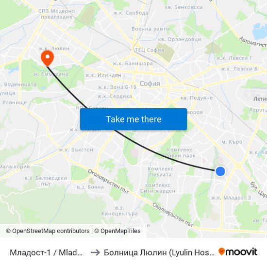 Младост-1 / Mladost 1 to Болница  Люлин  (Lyulin Hospital) map