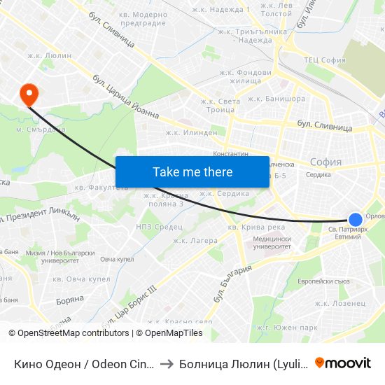 Кино Одеон / Odeon Cinema (0927) to Болница  Люлин  (Lyulin Hospital) map