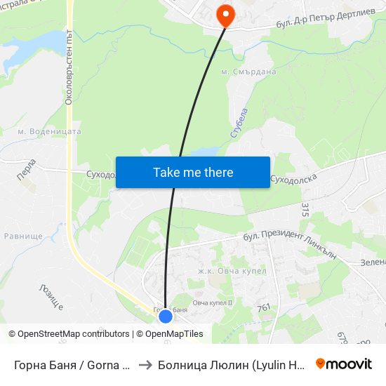 Горна Баня / Gorna Banya to Болница  Люлин  (Lyulin Hospital) map