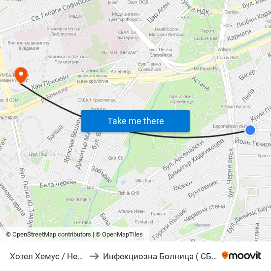 Ⓜ️ Хотел Хемус / Hemus Hotel (2329) to Инфекциозна Болница ( СБАЛИПБ проф. И. Киров) map