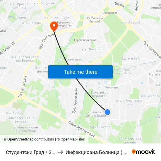 Студентски Град / Students' Town (2382) to Инфекциозна Болница ( СБАЛИПБ проф. И. Киров) map