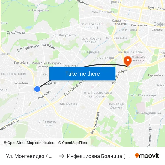 Ул. Монтевидео / Montevideo St. (2050) to Инфекциозна Болница ( СБАЛИПБ проф. И. Киров) map