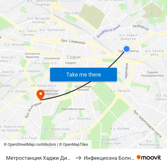 Метростанция Хаджи Димитър / Hadzhi Dimitar Metro Station (0303) to Инфекциозна Болница ( СБАЛИПБ проф. И. Киров) map