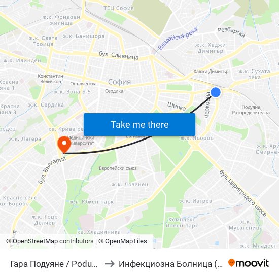 Гара Подуяне / Poduyane Train Station (0468) to Инфекциозна Болница ( СБАЛИПБ проф. И. Киров) map