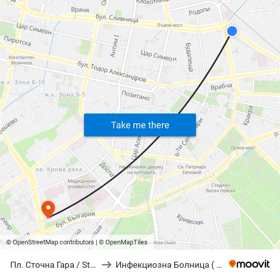 Пл. Сточна Гара / Stochna Gara Sq. (1316) to Инфекциозна Болница ( СБАЛИПБ проф. И. Киров) map