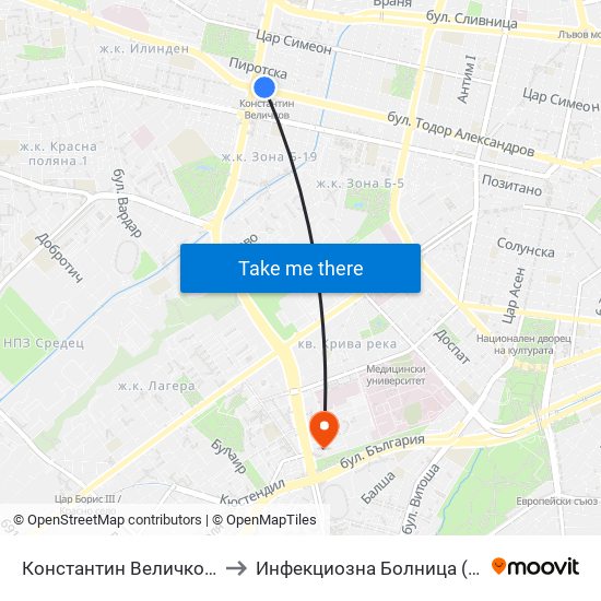 Константин Величков / Konstantin Velichkov to Инфекциозна Болница ( СБАЛИПБ проф. И. Киров) map