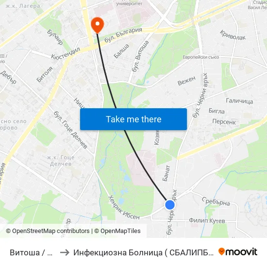 Витоша / Vitosha to Инфекциозна Болница ( СБАЛИПБ проф. И. Киров) map