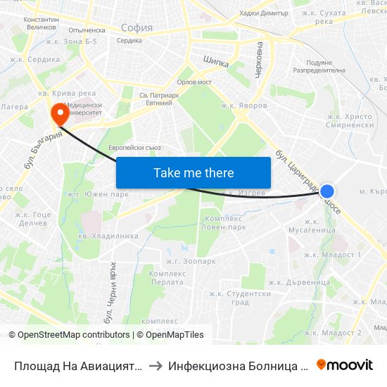 Площад На Авиацията / Aviation Square (1258) to Инфекциозна Болница ( СБАЛИПБ проф. И. Киров) map