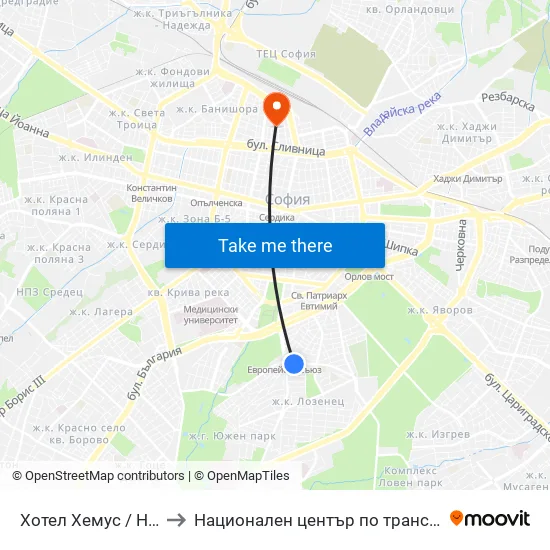 Ⓜ️ Хотел Хемус / Hemus Hotel (2329) to Национален център по трансфузионна хематология (НЦТХ) map