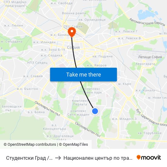 Студентски Град / Students' Town (1693) to Национален център по трансфузионна хематология (НЦТХ) map