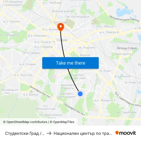 Студентски Град / Students' Town (1693) to Национален център по трансфузионна хематология (НЦТХ) map