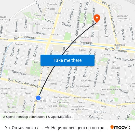 Ул. Опълченска / Opalchenska St. (2085) to Национален център по трансфузионна хематология (НЦТХ) map