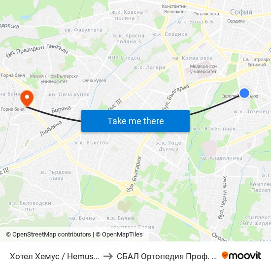 Хотел Хемус / Hemus Hotel (2329) to СБАЛ Oртопедия  Проф. Бойчо Бойчев map
